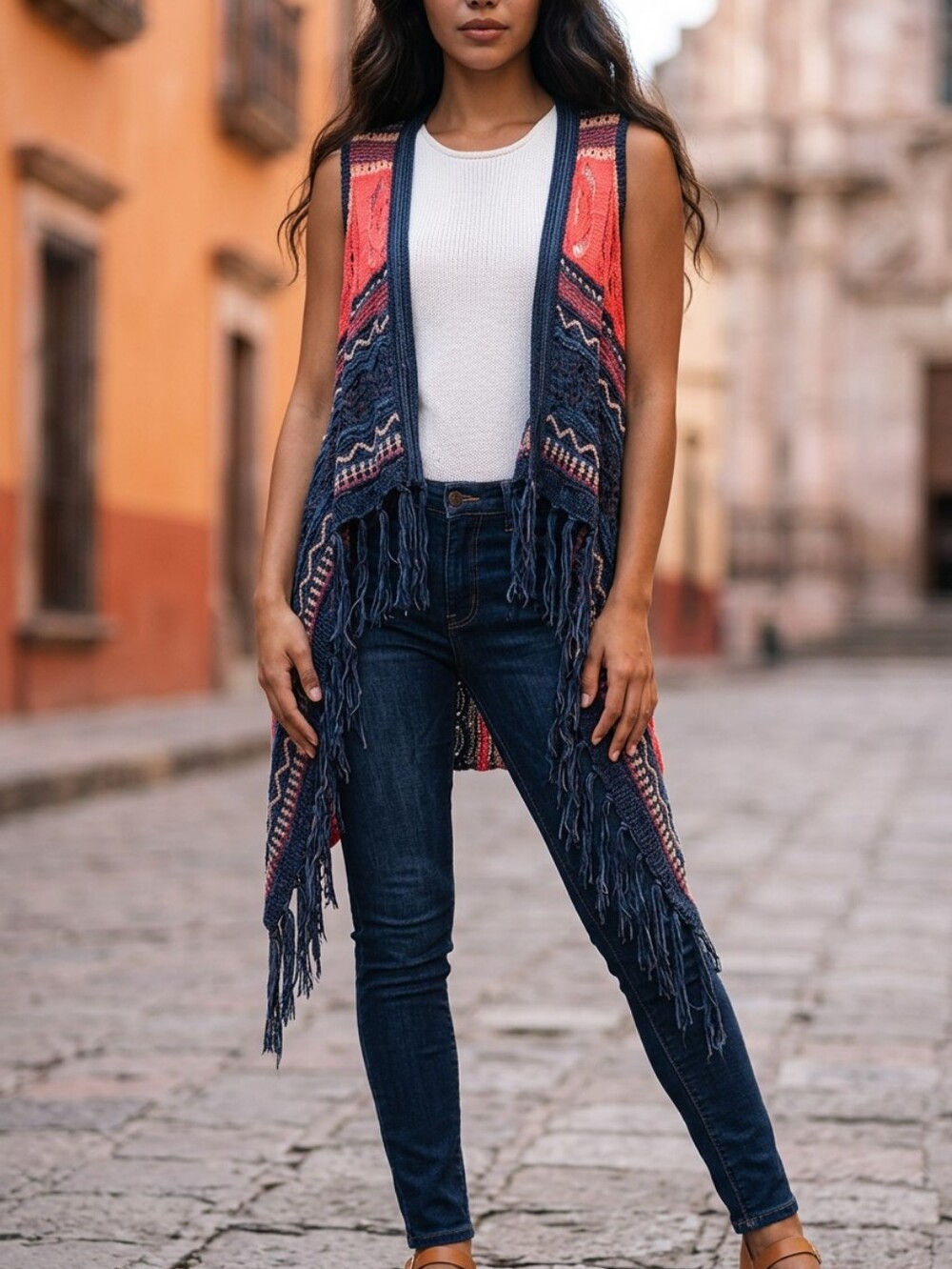Say What? Sleeveless Multi Colored Open Front Fringed Vest. Size S